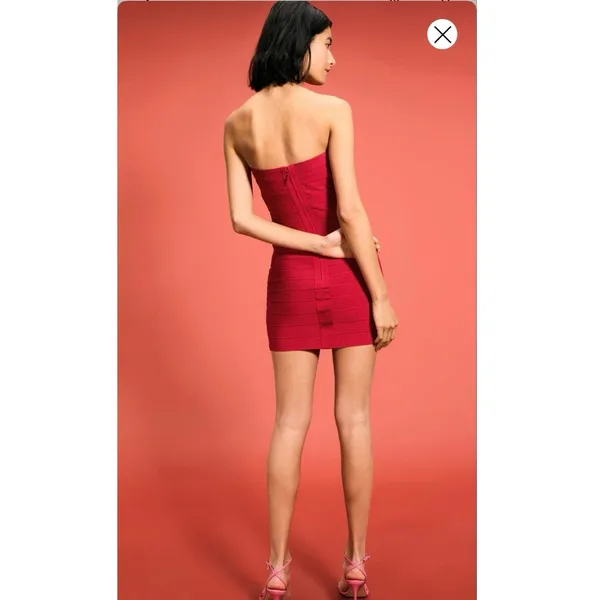 HERVE LEGER Fire Red Isla Signature Bandage Strapless Sleek Sculpted Dress sz S - Image 11