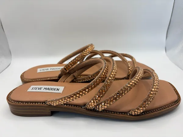 Steve Madden Bronze Beaded Strappy Slide Sandals Boho Glam Resort Summer Size 7 - Image 3
