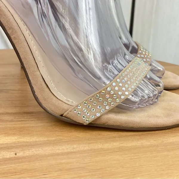 Anne Michelle Enzo‎ Rhinestone Faux Suede Strappy Heels Tan Open Toe 7.5 - Image 8