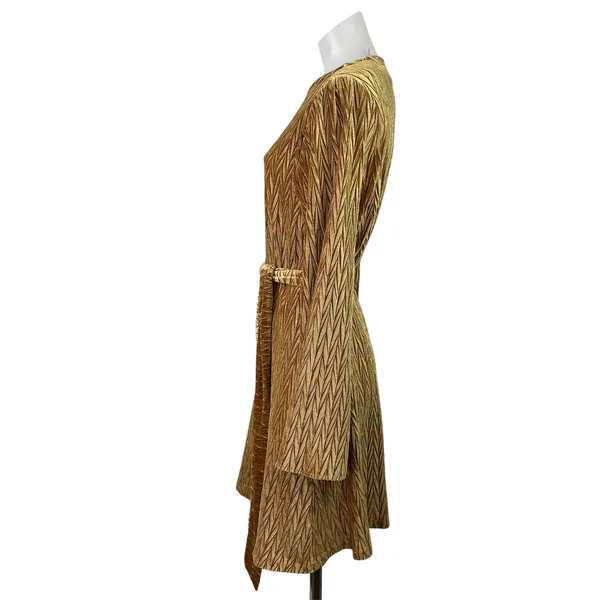 NEW Dress Forum Gold Velvet Velour Chevron Long Sleeve Tie A Line Mini Dress M - Image 2
