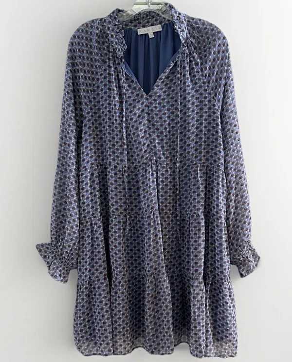 Karlie Tiered Mini Dress Long Sleeve Ruffle Neck Geometric Print Large - Image 4