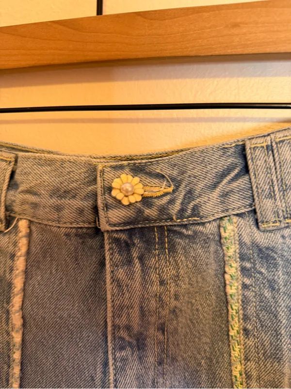 Zara‎ High Rise Tweed Trim Jewel Button Crop Wide Leg Light Wash Jeans - Image 6