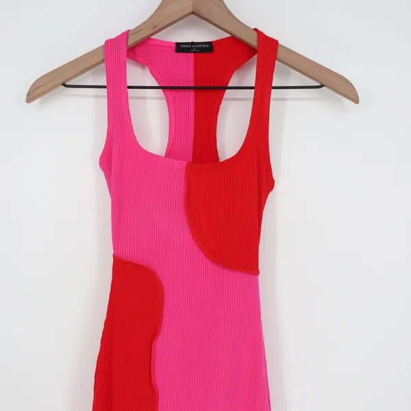 Naked Wardrobe Pink Red Colorblock Ribbed Midi Dress Womens XS - Image 3