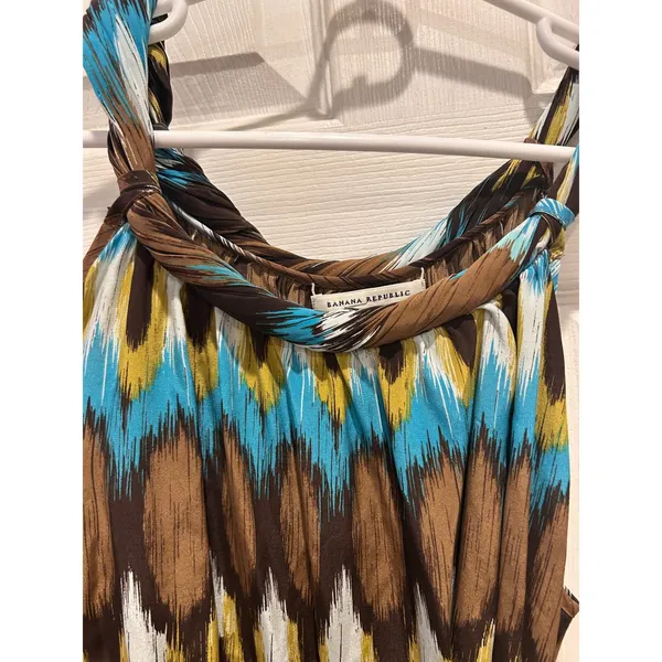 Banana Republic Womens Large 100% Silk Ikat Print Sleeveless Belted Dress Brown - Image 3