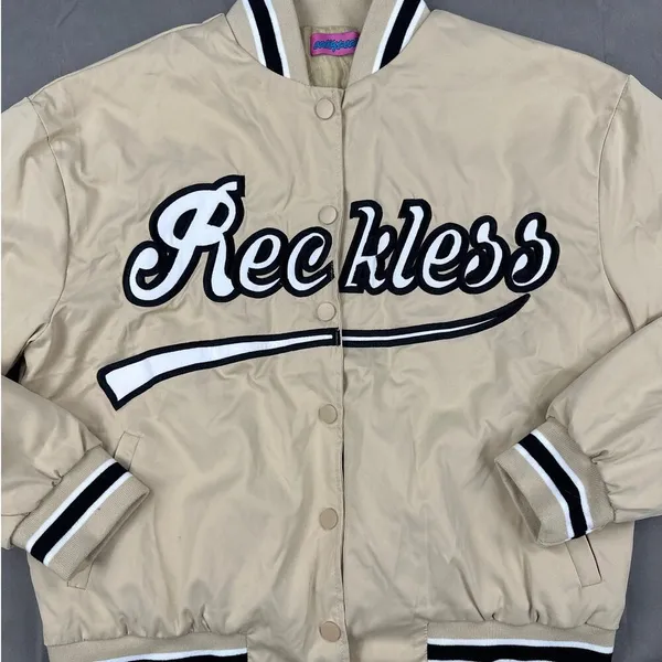 Edikted - Reckless Varsity Bomber Jacket in Tan & Black - Image 2