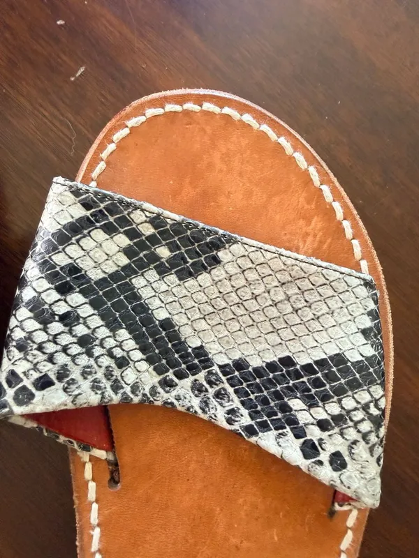 Freebird by Steven Golden Leather Snakeskin Print Slide Sandals - Image 7