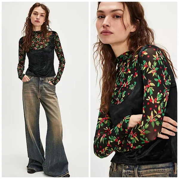 Free People Intimately Floral Mesh Velvet Burnout Top Fairycore Small - Image 2