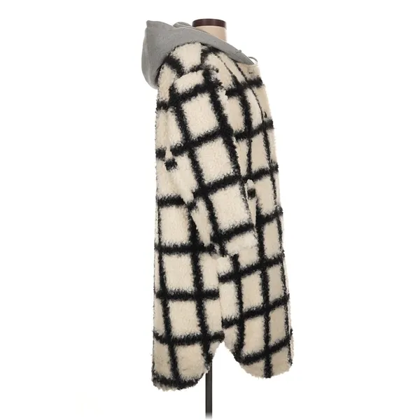 Cream Black Windowpane Sherpa Teddy Coat Gray Hood Longline Oversized Jacket - Image 3