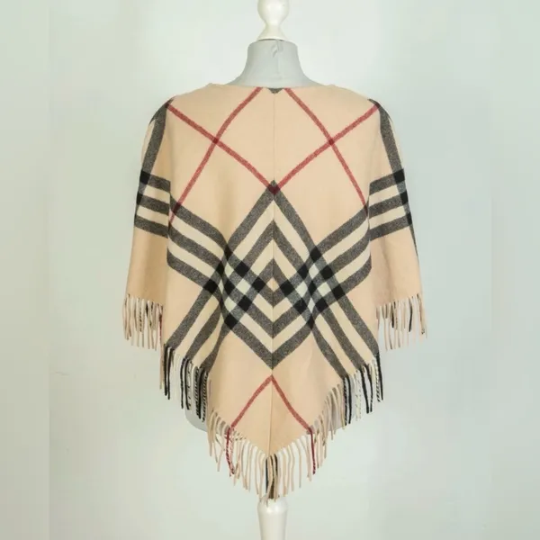 Burberry London Lamba Wool Nova Check Scarf Poncho Plaid Tan Black Red Fringe - Image 4