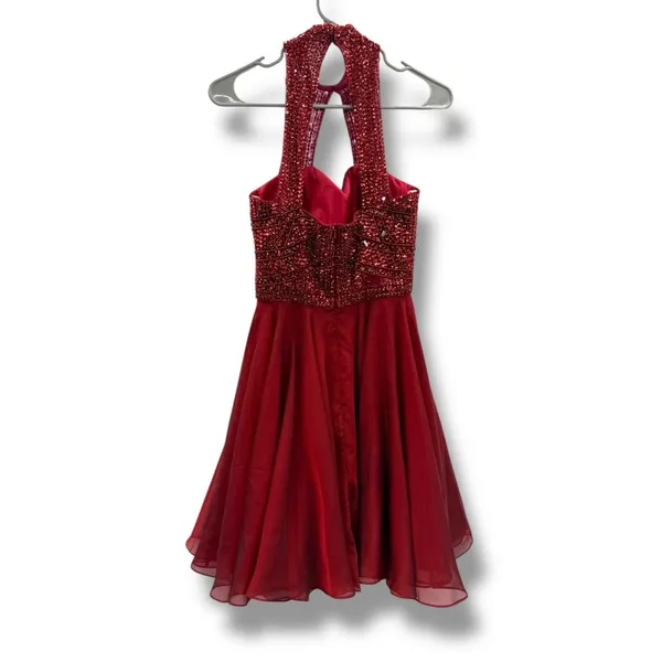 Sherri Hill‎ Red Halter Fit & Flare Cocktail Dress Women's Size 2 Beaded Formal - Image 5