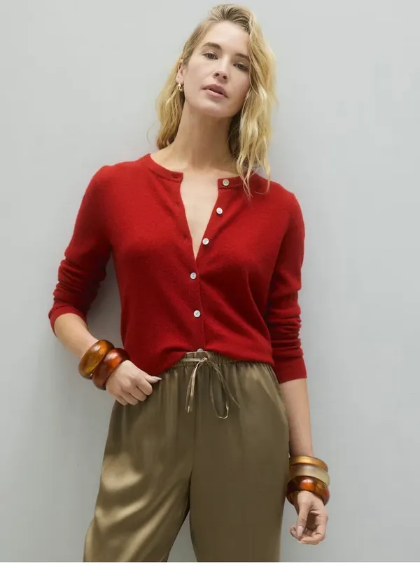 Quince Red Mongolian Cashmere Crew Neck Cardigan Sweater - Image 4