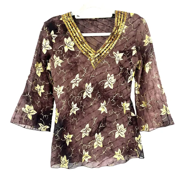 Y2K Boho Sheer Sequin Top Sz M Stevie Nicks Festival Embroidered Brown Indie - Image 2