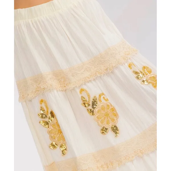 Boutique Embroidered Sz L Gold Floral Sequin Tiered Maxi Skirt Womens Beachy Gauzy Boho - Image 2