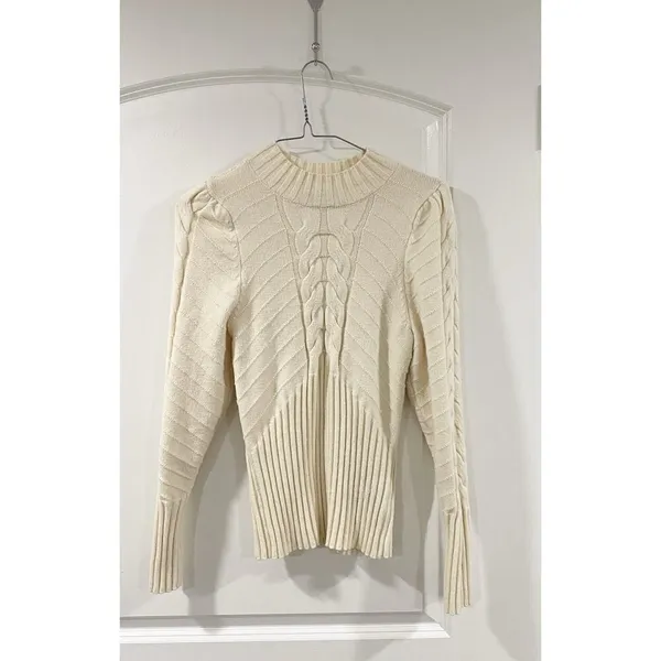 Marled Cream Cable Knit Mock Neck Sweater M Cozy Chunky Ribbed Winter Pullover - Image 2