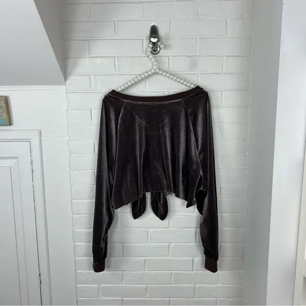 Nude Mocha Brown Velvet Tie Front Oversized Long Sleeve Crop Top Size S - Image 10