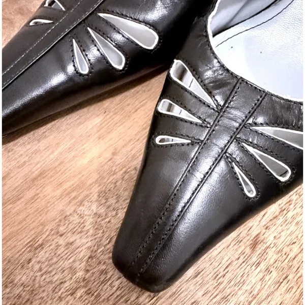 Etienne Aigner Black Leather Laser Cut‎ Slingback Kitten Heels 7.5 - Image 3