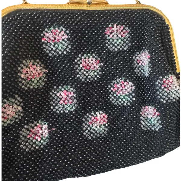 Vintage Corde Bead reversible beaded handbag purse‎ black floral White pattern - Image 3