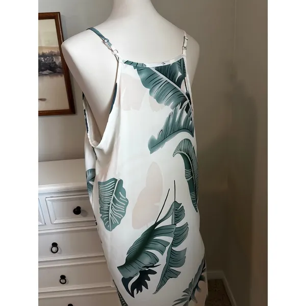 Tropical Leaf‎ Print Slip Dress Green Pink White Summer Vacation Mini Dress - Image 3