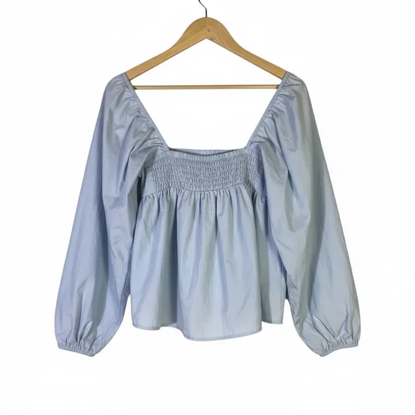 Banana Republic Puff Sleeve Top Womens S Blue Cotton Smocked Coquette Clean Girl - Image 6