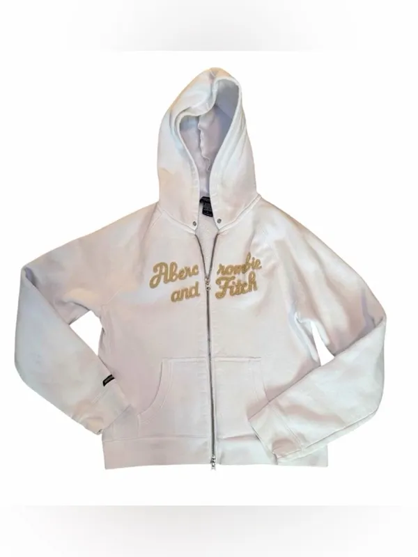 Vintage Abercrombie & Fitch Y2K White Full-Zip Hoodie with Gold Script Logo‎ - Image 4
