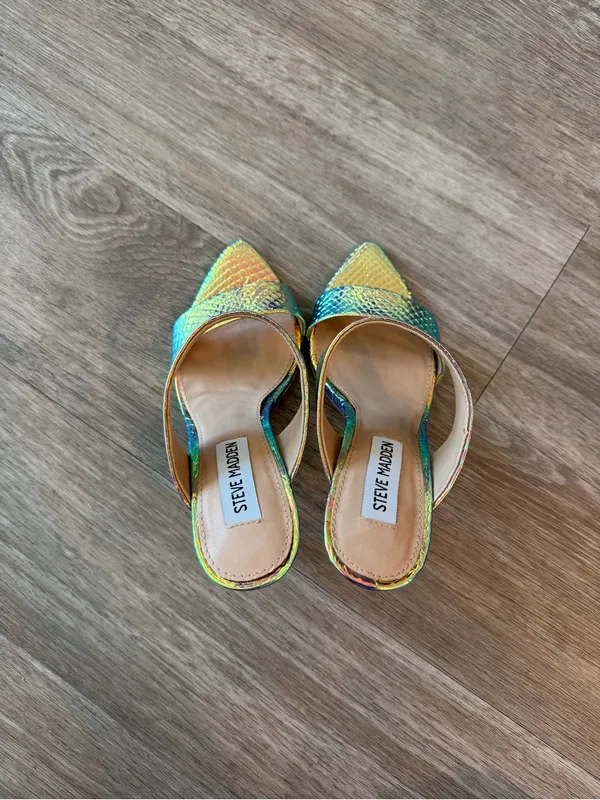 New Steve Madden Iridescent Multi-Color Snake-Embossed High Heel Mules, Size 6 - Image 6