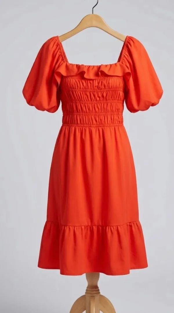 Quince 100% Organic Cotton Ruched Midi Dress in Vermilion Red - Image 2