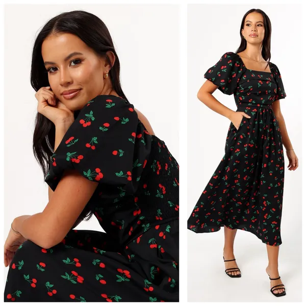 Petal & Pup Chlo Cherry Print Puff Sleeve Midi Dress Size Large Smocked Retro - Image 8