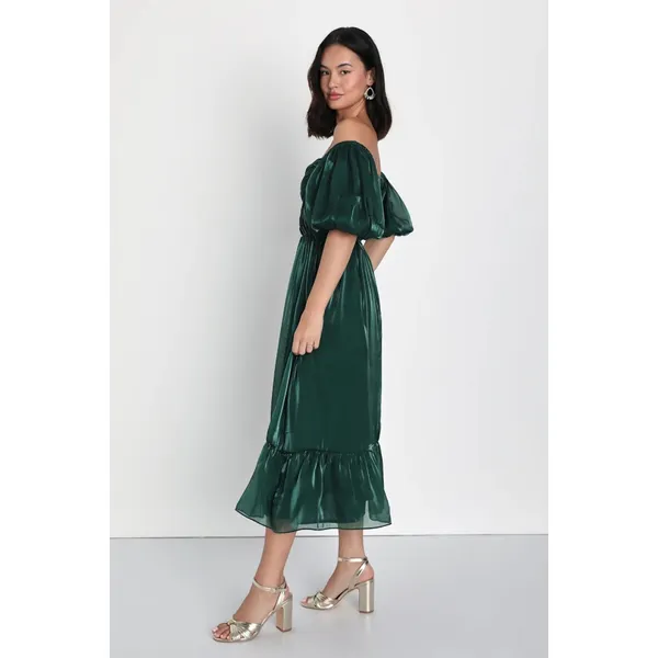 Lulus Remarkable Sensation Emerald Green Puff Sleeve Tiered Dress Party Small - Image 5