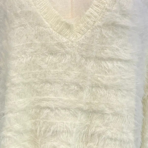 Fuzzy Eyelash Knit Sweater Ivory Shaggy Y2K Coquette Dee Elly Small Crop V Neck - Image 4