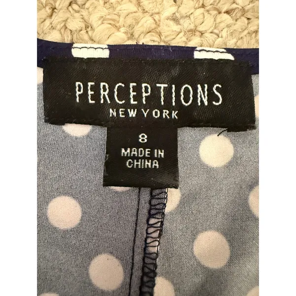 Polka Dot Faux Wrap Midi Dress Navy White Knotted Waist Short Sleeve Size 8 - Image 4