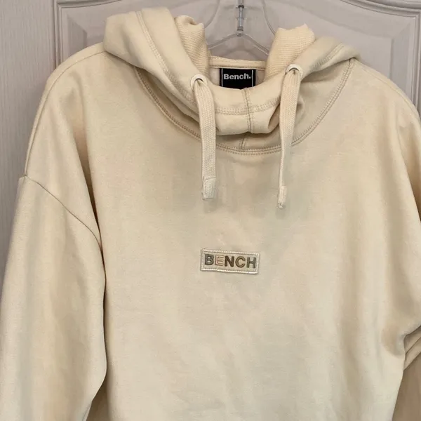 Bench Womens M Cream Cropped Pullover‎ Hoodie Sweatshirt Embroidered Logo - Image 14