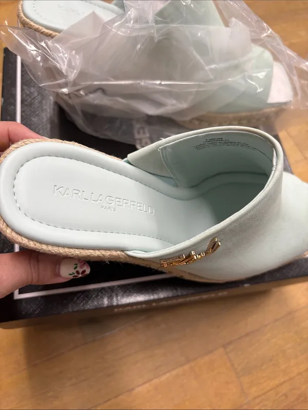 Karl Lagerfeld Mint Espadrille Wedge Mules with Gold Logo - Image 3