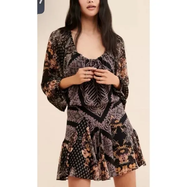 Free People Seven‎ Wonders Mini Dress Size XS Boho Hippie Multi Media Print - Image 11