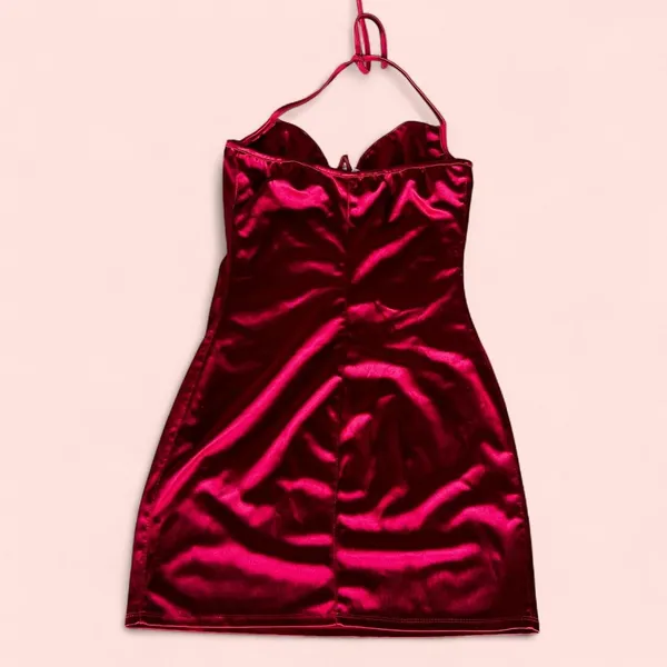 Red satin mini dress with halter neck - Image 3