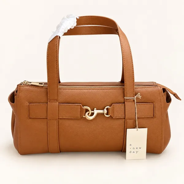 A New Day Cognac Brown Faux Leather Satchel Handbag Gold Snap Hook Clasp NWT - Image 4