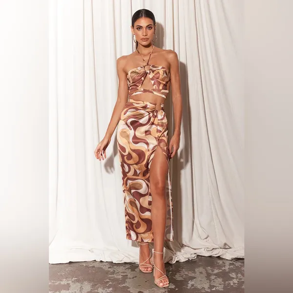 NEW Runaway the label Brown Silk Geometric Skirt and Top set - Image 5