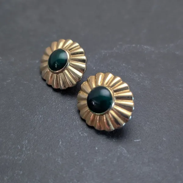 Vintage Clip On Earrings Elegant Glam Dark Green with Gold Tone Statement Halo - Image 3