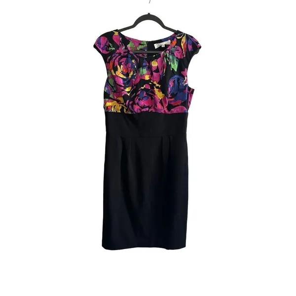 Trina Turk Black Multicolor Floral Print Cap Sleeve Silk Sheath Dress Size 8 - Image 3