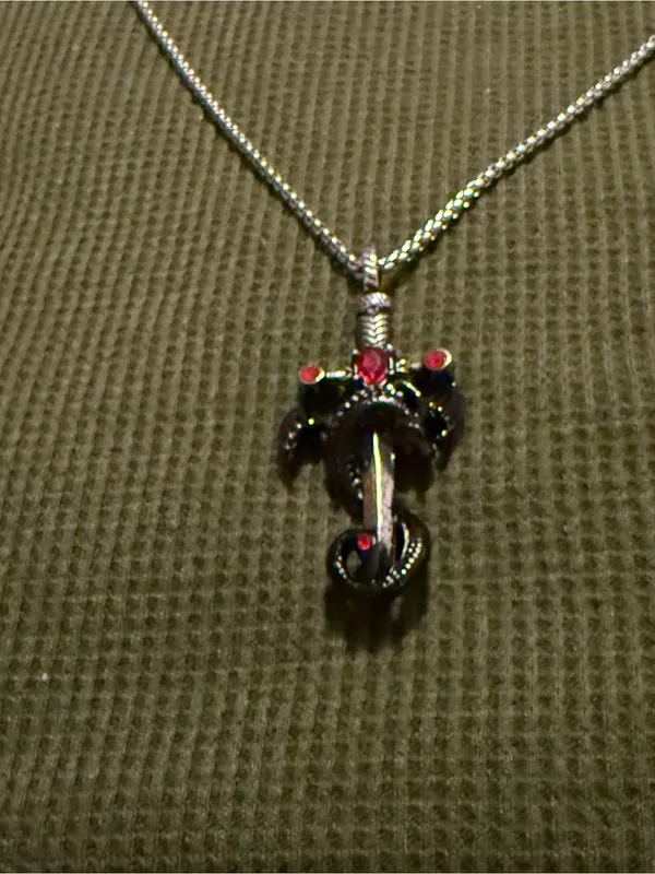 Silver Red Cross & Dragon Pendant Necklace - Image 3