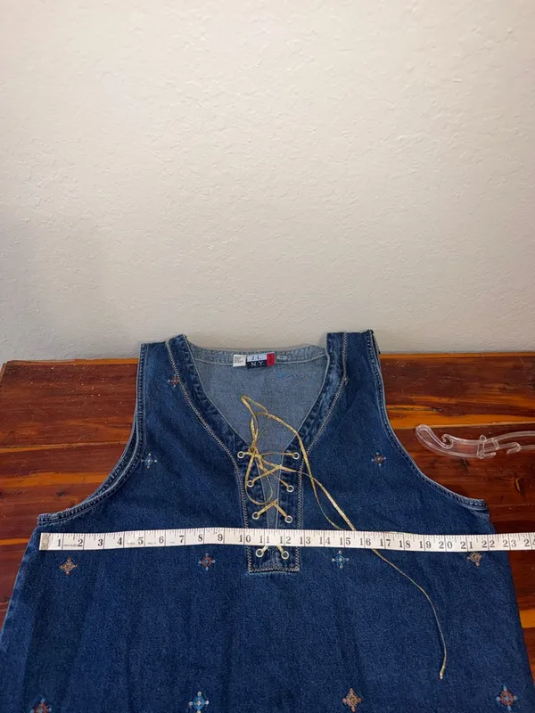 Vintage Jean dress embroidered Aztec designs geometric Denim Jumper cottagecore - Image 6
