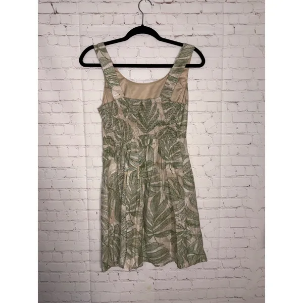 Japna Green Tropical‎ Monstera Leaf Print Smocked Back Mini Flax Cotton Dress SM - Image 2