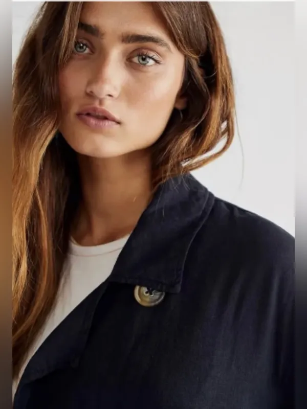 Free People Sweet Melody Trench Coat Black Lightweight Slouchy Linen Blend S-M - Image 3