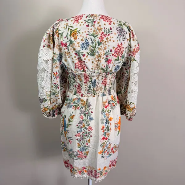 Farm Rio Tropical Floral Lace Mini Dress Puff Sleeve Square Neck Linen Small - Image 3