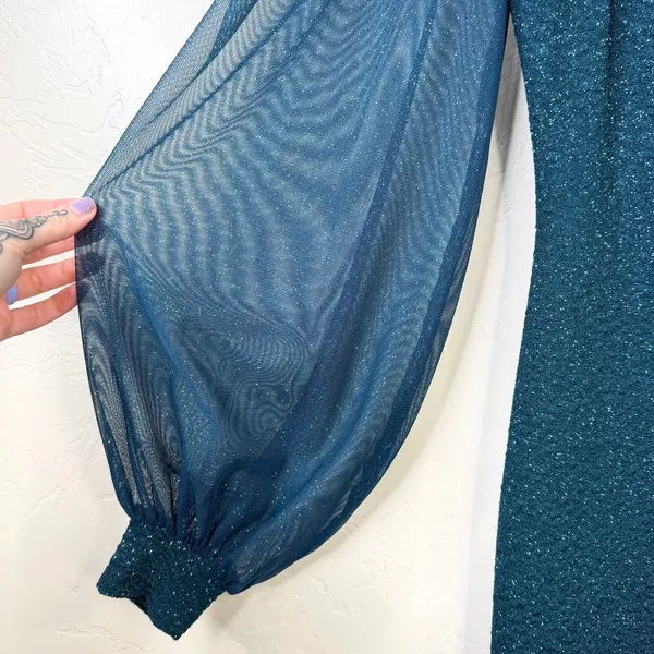WINDSOR Teal Green Make It Shimmer Glitter Asymmetric Sheer Midi Dress Small - Image 7