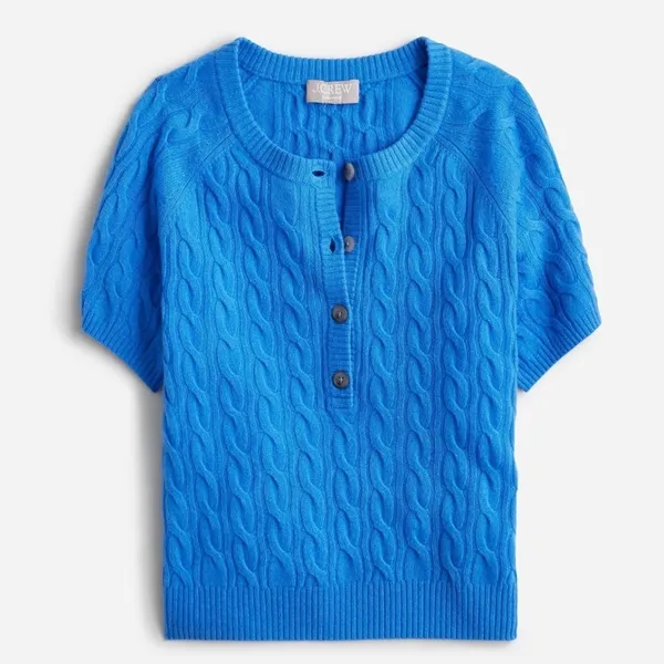 J. Crew | NWT Women's Cashmere Blue Cable Knit Short Sleeve Henley Sweater, M - Image 8