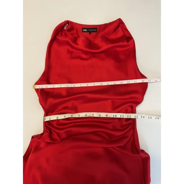 Zara Red Satin Maxi Dress XS Draped Neck Ruched Waist Sleeveless Evening Gown - Image 8