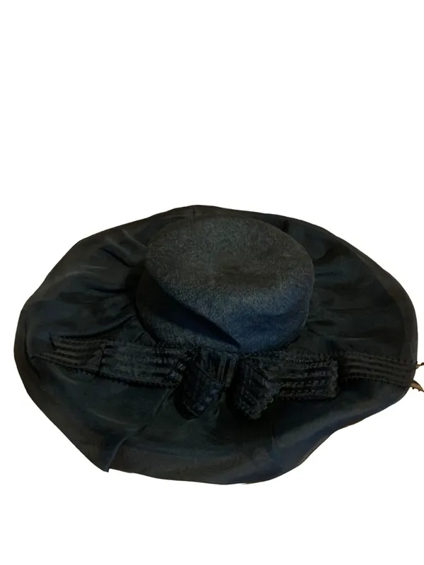 Vintage Adolfo Ii Black Wide Brim Linen Hat With Striped Bow - Image 8
