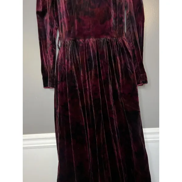 Vintage Origin Dress Womens 12 Red Floral Velvet Mock Neck Puff Sleeve Maxi - Image 3