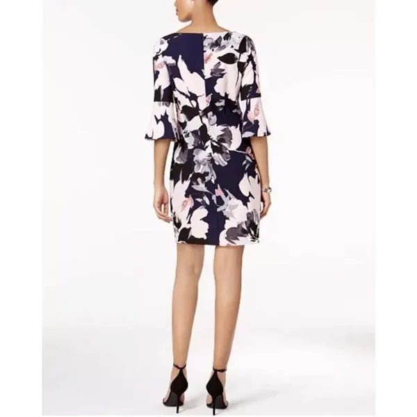NWT VINCE CAMUTO Women’s Dress Sz 2‎ Navy Blue Floral Bell-Sleeve Shift Cocktail - Image 2