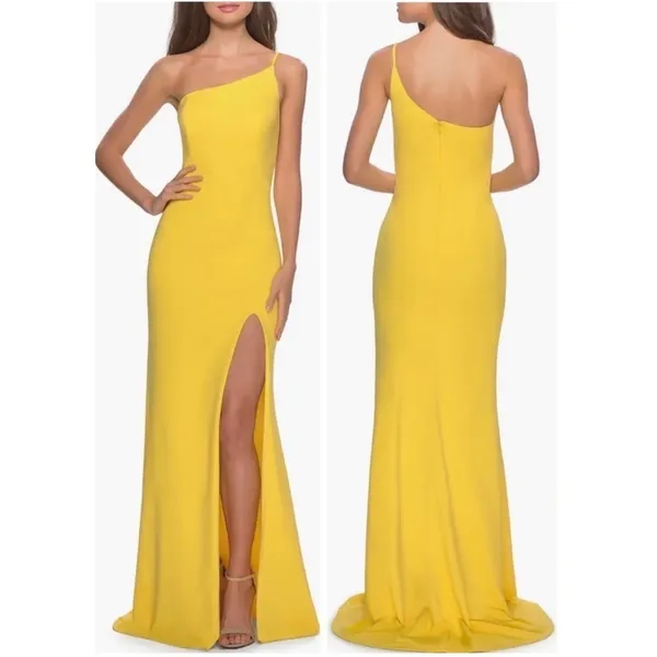 NWT La Femme 28176 One Shoulder Jersey Gown in‎ Yellow Sz 6 $228 - Image 2